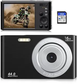 Digital Camera, 1080P 44MP Compact Camera for Kids Digital Video Camera with 16X Digital Zoom, Portable Point and Shoot Digital Cameras for Beginners,Students,Teens with 32GB SD Card and 2 Batteries Digital Camera, 1080P 44MP Compact Camera for Kids Digital Video Camera with 16X Digital Zoom, Portable Point and Shoot Digital Cameras for Beginners,Students,Teens with 32GB SD Card and 2 Batteries