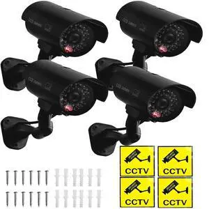 Fake Camera, Dummy Camera CCTV Surveillance System with Realistic Red LED Flashing Light for Outdoor and Indoor + Warning Sticker (4 Pack, Black) Fake Camera, Dummy Camera CCTV Surveillance System with Realistic Red LED Flashing Light for Outdoor and Indoor + Warning Sticker (4 Pack, Black)