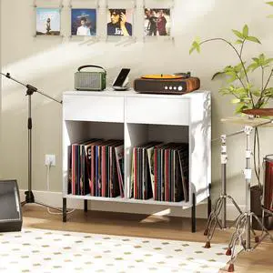 Large Record Player Stand with Charging Station, Mid Century Wood Turntable Stand with 2 Storage Drawers & Compartments, Vinyl Record Storage for Living Room (White) Large Record Player Stand with Charging Station, Mid Century Wood Turntable Stand with 2 Storage Drawers & Compartments, Vinyl Record Storage for Living Room (White)