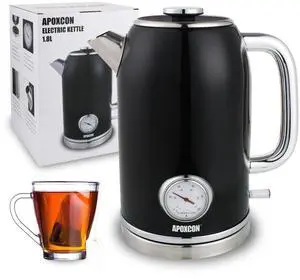 Retro Electric Kettle with Thermometer, 1.8L Stainless Steel, Black, Cordless, 1000W Fast Boiling, Automatic Shut Off Retro Electric Kettle with Thermometer, 1.8L Stainless Steel, Black, Cordless, 1000W Fast Boiling, Automatic Shut Off