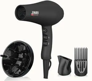 Hair Dryer, 3 Heat & 2 Speed, 1875W, with Diffuser, with Concentrator, Ionic Technology & Infrared - Black, Detachable Air Intake, Non-Foldable, Hanging Strap, 125V, JR-104 Hair Dryer, 3 Heat & 2 Speed, 1875W, with Diffuser, with Concentrator, Ionic Technology & Infrared - Black, Detachable Air Intake, Non-Foldable, Hanging Strap, 125V, JR-104