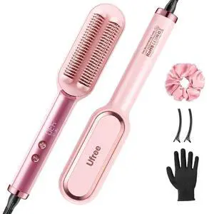 Hair Straightener Brush for Women, Double Row Ionic Hot Comb, Pink Hair Straightener Brush for Women, Double Row Ionic Hot Comb, Pink