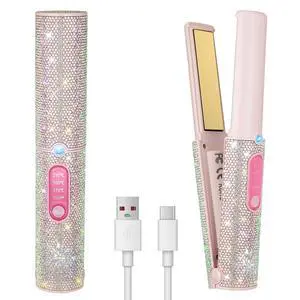 2-in-1 Cordless Hair Straightener Curler, Pink Rhinestone Mini Wireless Titanium Flat Iron, 5000mAh USB-C Rechargeable, 2S Fast Heating, Up to 410°F, Portable Styling Tool, Ideal Gift for Women 2-in-1 Cordless Hair Straightener Curler, Pink Rhinestone Mini Wireless Titanium Flat Iron, 5000mAh USB-C Rechargeable, 2S Fast Heating, Up to 410°F, Portable Styling Tool, Ideal Gift for Women