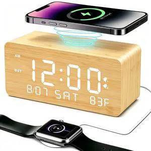 Wooden Digital Alarm Clock with Wireless Charging, 0-100% Adjustable Brightness Dimmer and Alarm Volume, Weekday/Weekend Mode, Dual Alarm, Snooze, 12/24H, Wood LED Clock for Bedroom (Bamboo) Wooden Digital Alarm Clock with Wireless Charging, 0-100% Adjustable Brightness Dimmer and Alarm Volume, Weekday/Weekend Mode, Dual Alarm, Snooze, 12/24H, Wood LED Clock for Bedroom (Bamboo)