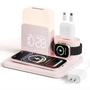 7 in 1 Wireless Charging Station, 25W Charger with Alarm Clock Night Light 7 in 1 Wireless Charging Station, 25W Charger with Alarm Clock Night Light