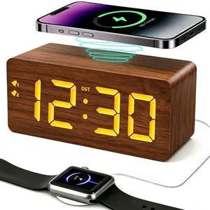 Wood Digital Alarm Clock with 10W Fast Wireless Charger, USB Charging Ports, DST, Dimmable, Snooze, Large Number LED Display for Bedrooms, Desk, Living Room Table, Bedside, Nightstand (Brown) Wood Digital Alarm Clock with 10W Fast Wireless Charger, USB Charging Ports, DST, Dimmable, Snooze, Large Number LED Display for Bedrooms, Desk, Living Room Table, Bedside, Nightstand (Brown)