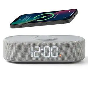 Fabric Digital Alarm Clock for Bedroom, Wireless Charging, Grey Fabric Digital Alarm Clock for Bedroom, Wireless Charging, Grey