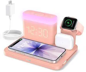 5 in 1 Wireless Charging Station with Alarm Clock,7 Night Light & 0-100% Dimmer,Qi Mag-Safe Charger Stand for Apple Devices - for iPhone 17 16 15 14 13 12 Pro Max Plus Air,Apple Watch,Airpods 5 in 1 Wireless Charging Station with Alarm Clock,7 Night Light & 0-100% Dimmer,Qi Mag-Safe Charger Stand for Apple Devices - for iPhone 17 16 15 14 13 12 Pro Max Plus Air,Apple Watch,Airpods