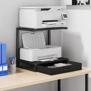 2-Tier Desktop Printer Stand with Fabric Drawer,17.3"x11.8" Black 2-Tier Desktop Printer Stand with Fabric Drawer,17.3"x11.8" Black