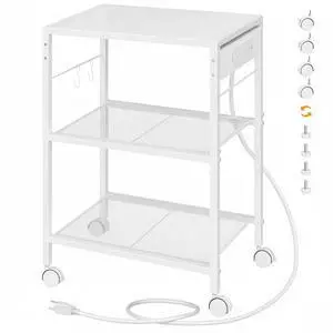 Industrial Printer Stand, 3-Tier Mobile Printer Table, Rolling Cart with Power Outlets and USB Ports, Home Printer Stand with 2 Hooks, for Office, Living Room, White WW22UPS01 Industrial Printer Stand, 3-Tier Mobile Printer Table, Rolling Cart with Power Outlets and USB Ports, Home Printer Stand with 2 Hooks, for Office, Living Room, White WW22UPS01