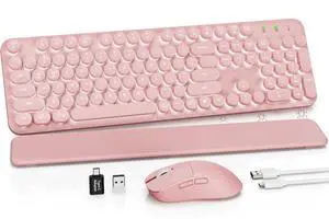 Rechargeable Backlit Wireless Keyboard and Mouse Combo, Retro Typewriter Keyboard with Magnetic Wrist Rest, Light Up Letters, 2.4GHz Cordless Connection for Mac, Windows PC, Laptop (Glowing Pink) Rechargeable Backlit Wireless Keyboard and Mouse Combo, Retro Typewriter Keyboard with Magnetic Wrist Rest, Light Up Letters, 2.4GHz Cordless Connection for Mac, Windows PC, Laptop (Glowing Pink)