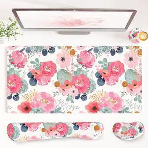 PU Leather Desk Mat Set, 4-in-1 Ergonomic Wrist Rest, Pink Flowers PU Leather Desk Mat Set, 4-in-1 Ergonomic Wrist Rest, Pink Flowers