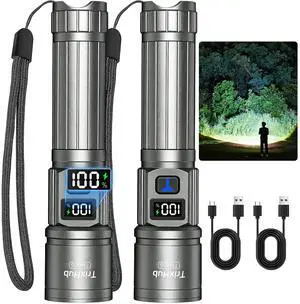 Rechargeable Flashlights 2 Pack, Super Bright High Lumens Flash Light, 5 Modes Zoomable Linternas with LCD Digital Display, Powerful Handheld LED Flashlights for Home Camping (Titanium) Rechargeable Flashlights 2 Pack, Super Bright High Lumens Flash Light, 5 Modes Zoomable Linternas with LCD Digital Display, Powerful Handheld LED Flashlights for Home Camping (Titanium)