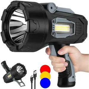 Rechargeable Spotlight Flashlight 2000000 Lumens, Spot Lights Outdoor with Cob Light & Foldable Stand, Spot Light Long Runtime, Handheld Spotlights for Boating Hunting Rechargeable Spotlight Flashlight 2000000 Lumens, Spot Lights Outdoor with Cob Light & Foldable Stand, Spot Light Long Runtime, Handheld Spotlights for Boating Hunting