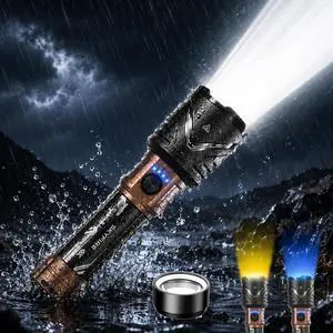 Rechargeable Flashlight with Ignition Lens & White Yellow Blue Light, LED Super Bright Flashlights High Lumens, Zoomable, 6Modes,Waterproof Tactical Flash Light for Outdoor,Home &Gift-Upgraded Rechargeable Flashlight with Ignition Lens & White Yellow Blue Light, LED Super Bright Flashlights High Lumens, Zoomable, 6Modes,Waterproof Tactical Flash Light for Outdoor,Home &Gift-Upgraded