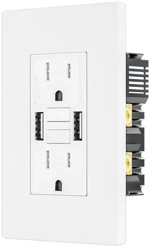 15 Amp GFCI Outlet with Dual USB-A Ports, Self-Test GFCI Electrical Outlet, LED Indicator, Tamper-Resistant GFCI Outlet, Screwless Wall Plate Included, ETL Listed, White 15 Amp GFCI Outlet with Dual USB-A Ports, Self-Test GFCI Electrical Outlet, LED Indicator, Tamper-Resistant GFCI Outlet, Screwless Wall Plate Included, ETL Listed, White