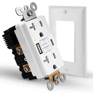White 20A GFCI Outlet with USB,Type C and USB A Fast Charger for Smartphone White 20A GFCI Outlet with USB,Type C and USB A Fast Charger for Smartphone