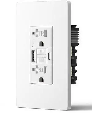 20A GFCI Outlet with 4.8A/24W USB-A & USB-C Ports, 30S Self-Test GFCI Electrical Outlet with Indicator Light, Tamper-Resistant Receptacle, Screwless Wall Plate, Clamping Plate, ETL Listed 20A GFCI Outlet with 4.8A/24W USB-A & USB-C Ports, 30S Self-Test GFCI Electrical Outlet with Indicator Light, Tamper-Resistant Receptacle, Screwless Wall Plate, Clamping Plate, ETL Listed