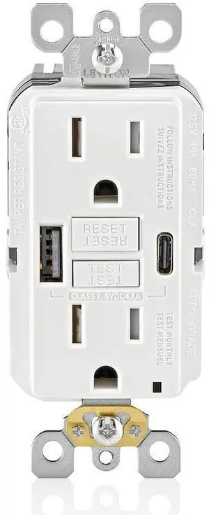 15A SmartlockPro Self-Test GFCI Combination with Type A & Type-C USB in-Wall, USB Charger for Smartphones and Tablets, GUAC1-W, White 15A SmartlockPro Self-Test GFCI Combination with Type A & Type-C USB in-Wall, USB Charger for Smartphones and Tablets, GUAC1-W, White
