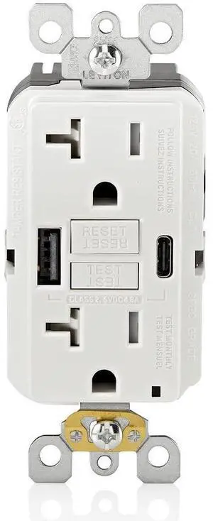 20A SmartlockPro Self-Test GFCI Combination with Type A & Type-C USB in-Wall, USB Charger for Smartphones and Tablets, GUAC2-W, White 20A SmartlockPro Self-Test GFCI Combination with Type A & Type-C USB in-Wall, USB Charger for Smartphones and Tablets, GUAC2-W, White