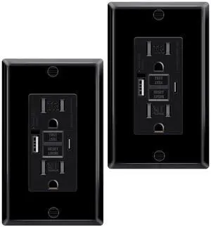 Black 15 Amp GFCI Outlet with USB C Ports & USB-A,2PCS 24W Self-Testing GFCI USB Combo with LED Indicator, Tamper Resistant for Kitchen & Bathroom, Includes Wall Plate & Screws,ETL Listed Black 15 Amp GFCI Outlet with USB C Ports & USB-A,2PCS 24W Self-Testing GFCI USB Combo with LED Indicator, Tamper Resistant for Kitchen & Bathroom, Includes Wall Plate & Screws,ETL Listed