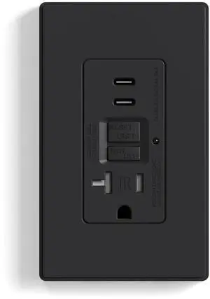 GFCI Outlet with USB Ports, 20 Amp Self-Test GFCI Combination with Dual USB C Ports, 24W Max Total Output, Tamper Resistant GFCI USB Outlet with Wall Plate, UL Listed, Matte Black, 1 Pack GFCI Outlet with USB Ports, 20 Amp Self-Test GFCI Combination with Dual USB C Ports, 24W Max Total Output, Tamper Resistant GFCI USB Outlet with Wall Plate, UL Listed, Matte Black, 1 Pack
