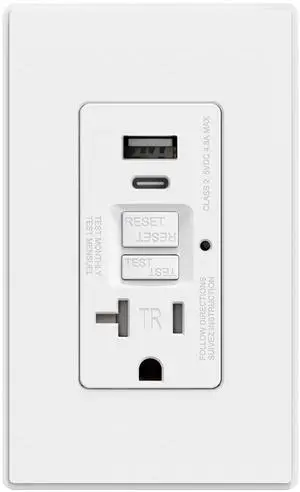 GFCI Outlet with USB Ports (Type-A & C) | 20 Amp Tamper-Resistant USB Charging Outlet | 24W Max Output, Self-Test LED Indicator, UL Listed w/Screwless Wall Plate, Matte White (1 Pack) GFCI Outlet with USB Ports (Type-A & C) | 20 Amp Tamper-Resistant USB Charging Outlet | 24W Max Output, Self-Test LED Indicator, UL Listed w/Screwless Wall Plate, Matte White (1 Pack)