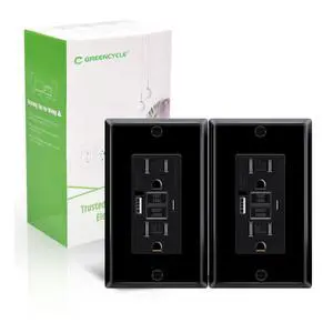 Black 15 Amp GFCI Outlet with USB C & USB A Ports, 2PK Self Test GFCI Electrical Outlet Combination with USB,with LED Indicator,Residential & Commercial Grade, Includes Wall Plate & Screws Black 15 Amp GFCI Outlet with USB C & USB A Ports, 2PK Self Test GFCI Electrical Outlet Combination with USB,with LED Indicator,Residential & Commercial Grade, Includes Wall Plate & Screws
