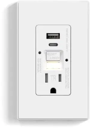 GFCI Outlet with USB Ports and Nightlight, 15 Amp Self-Test GFCI Combination with USB Ports, Tamper Resistant GFCI USB Outlet w/Nightlight, Wall Plate Included, UL Listed, Matte White, 1 Pack GFCI Outlet with USB Ports and Nightlight, 15 Amp Self-Test GFCI Combination with USB Ports, Tamper Resistant GFCI USB Outlet w/Nightlight, Wall Plate Included, UL Listed, Matte White, 1 Pack