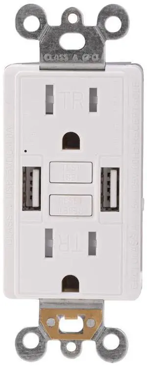 Combination 15A GFCI Outlet with Self-Test and USB in-Wall Charger Outlet with 5V/4.8A, High Speed Charging for Smartphones and Tablets, ETL, Wallplate Included, 1 Pack, White Combination 15A GFCI Outlet with Self-Test and USB in-Wall Charger Outlet with 5V/4.8A, High Speed Charging for Smartphones and Tablets, ETL, Wallplate Included, 1 Pack, White