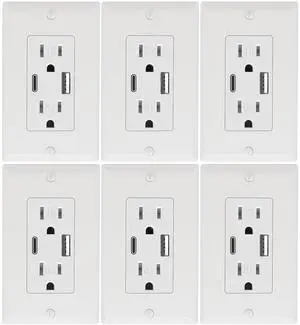 6 Pack - Wall Outlet 15 Amp, UL Listed, USB C & USB A Port, Self-Test with LED Indicator, Tamper-Resistant Receptacle with Decor Wall Plates and Screws (White) 6 Pack - Wall Outlet 15 Amp, UL Listed, USB C & USB A Port, Self-Test with LED Indicator, Tamper-Resistant Receptacle with Decor Wall Plates and Screws (White)