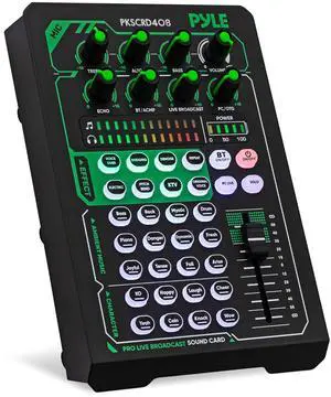 Pro Live Broadcast Sound Card | Rechargeable Bluetooth Mixer | 8 Voice FX - 12 Ambient Presets | DSP Noise Reduction | Dual Mic Inputs | Solo Mode | Streaming, Podcasting, Gaming - PKSCRD408 Pro Live Broadcast Sound Card | Rechargeable Bluetooth Mixer | 8 Voice FX - 12 Ambient Presets | DSP Noise Reduction | Dual Mic Inputs | Solo Mode | Streaming, Podcasting, Gaming - PKSCRD408