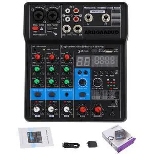 Professional Mini Audio DJ Mixer, 4 Channel Bluetooth Controller Sound Board Console System, USB Interface, 2 XLR Mic/Line, MP3 Player w/48V Phantom For Karaoke Stereo live Studio Streaming Recording Professional Mini Audio DJ Mixer, 4 Channel Bluetooth Controller Sound Board Console System, USB Interface, 2 XLR Mic/Line, MP3 Player w/48V Phantom For Karaoke Stereo live Studio Streaming Recording