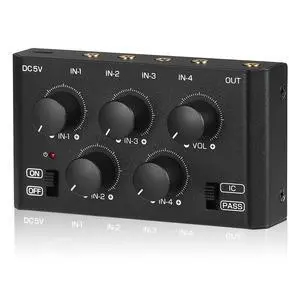MC5-BX Mini Audio Mixer: 4-Channel Ultra Low-Noise Stereo Line Mixer for Home Studio Bar, Active & Passive Modes, Portable Metal Design for Musicians DJs MC5-BX Mini Audio Mixer: 4-Channel Ultra Low-Noise Stereo Line Mixer for Home Studio Bar, Active & Passive Modes, Portable Metal Design for Musicians DJs