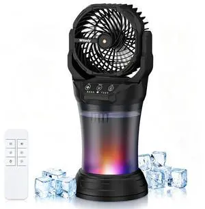 Misting Fan Portable Camping Fan Battery Powered with Remote Control, RGB Ambient Light with 2L Bucket, Battery Indicator, 120° Auto Oscillating, Timing Function, Grip Handle(Black) Misting Fan Portable Camping Fan Battery Powered with Remote Control, RGB Ambient Light with 2L Bucket, Battery Indicator, 120° Auto Oscillating, Timing Function, Grip Handle(Black)