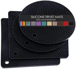 4 Pack Silicone Trivets for Hot Pots and Pans, Black Hot Pads Pot Holders, Non-Slip & Heat Resistant Silicone Mats for Kitchen Counter, Soft Durable Drying Mat, Jar Opener and Coasters, Black 4 Pack Silicone Trivets for Hot Pots and Pans, Black Hot Pads Pot Holders, Non-Slip & Heat Resistant Silicone Mats for Kitchen Counter, Soft Durable Drying Mat, Jar Opener and Coasters, Black