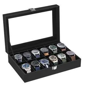Watch Box, 12-Slot Watch Case Organizer with Large Glass Lid, Removable Pillows, Gift for Loved Ones, Black Synthetic Leather, Black Lining UJWB012B01 Watch Box, 12-Slot Watch Case Organizer with Large Glass Lid, Removable Pillows, Gift for Loved Ones, Black Synthetic Leather, Black Lining UJWB012B01