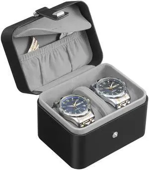 2 Watch Travel Case, 2-Slot Watch Box, Pillow with Hidden Storage, Adjustable Divider, Flap Pocket, 4 x 4.7 x 3.3 Inches, Gift Idea, Ink Black Surface, Dove Gray Lining UJWB029GD01 2 Watch Travel Case, 2-Slot Watch Box, Pillow with Hidden Storage, Adjustable Divider, Flap Pocket, 4 x 4.7 x 3.3 Inches, Gift Idea, Ink Black Surface, Dove Gray Lining UJWB029GD01