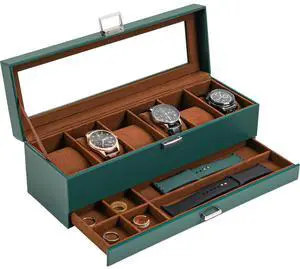 Watch Box, 6 Slot Watch Display Case with Drawer -MidnightGreen Watch Box, 6 Slot Watch Display Case with Drawer -MidnightGreen