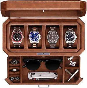 4 Slot Leather Watch Box with Valet Drawer - Luxury Case Display Jewelry Organizer, Locking Display Case Holder with Real Glass Top - Watch Box Organizer for Men & Women (Tan) 4 Slot Leather Watch Box with Valet Drawer - Luxury Case Display Jewelry Organizer, Locking Display Case Holder with Real Glass Top - Watch Box Organizer for Men & Women (Tan)