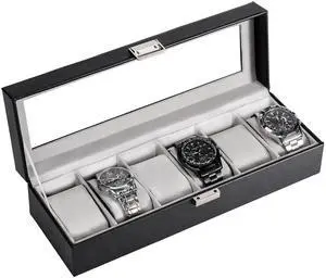 Watch Box, 6 Slot Mens Watch Display Case, Black Watch Box, 6 Slot Mens Watch Display Case, Black