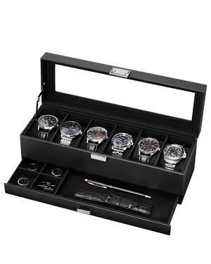 6-Slot Watch Case for Men, Mens Jewelry Box with Glass Lid -Black 6-Slot Watch Case for Men, Mens Jewelry Box with Glass Lid -Black