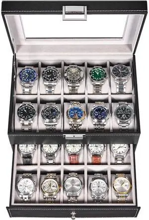 Watch Case, 20-Slot Watch Box Organizer with Large Glass Lid Watch Case, 20-Slot Watch Box Organizer with Large Glass Lid