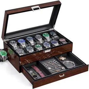 High-End Watch Box 12-Slot Wooden Watch Case with Large Glass Lid High-End Watch Box 12-Slot Wooden Watch Case with Large Glass Lid