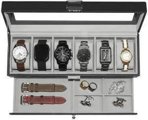KA Watch Box for Men 6 Slot,Double Layer Mens Watch Case Display Organizer with Real Glass Top,Large Holder for 50mm Watches,PU Leather Jewelry Drawer Storage Valet Tray for Men,Black KA Watch Box for Men 6 Slot,Double Layer Mens Watch Case Display Organizer with Real Glass Top,Large Holder for 50mm Watches,PU Leather Jewelry Drawer Storage Valet Tray for Men,Black