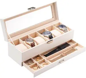 Watch Box, 6 Slot Watch Display Case with Drawer -White Watch Box, 6 Slot Watch Display Case with Drawer -White