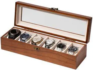Watch Box, Watch Case for Men Women with Large Glass Lid, Wooden Watch Display Storage Box with 6 - Slots, Classic Walnut Mens Watch Box Organizer Watch Box, Watch Case for Men Women with Large Glass Lid, Wooden Watch Display Storage Box with 6 - Slots, Classic Walnut Mens Watch Box Organizer