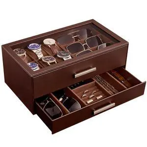 Watch Case, Mens Jewelry Box for 6 Watch & 5 Sunglasses -Brown Watch Case, Mens Jewelry Box for 6 Watch & 5 Sunglasses -Brown