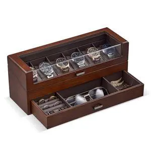 High End Wooden Watch Box for Men, 2-Layer Wood Watch Display Case Men's Jewelry Organizer Box with Drawer -6 Slot, Walnut High End Wooden Watch Box for Men, 2-Layer Wood Watch Display Case Men's Jewelry Organizer Box with Drawer -6 Slot, Walnut