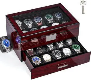 Watch Box 20-Slot Wooden Watch Case Organizer with Large Glass Lid Watch Box 20-Slot Wooden Watch Case Organizer with Large Glass Lid